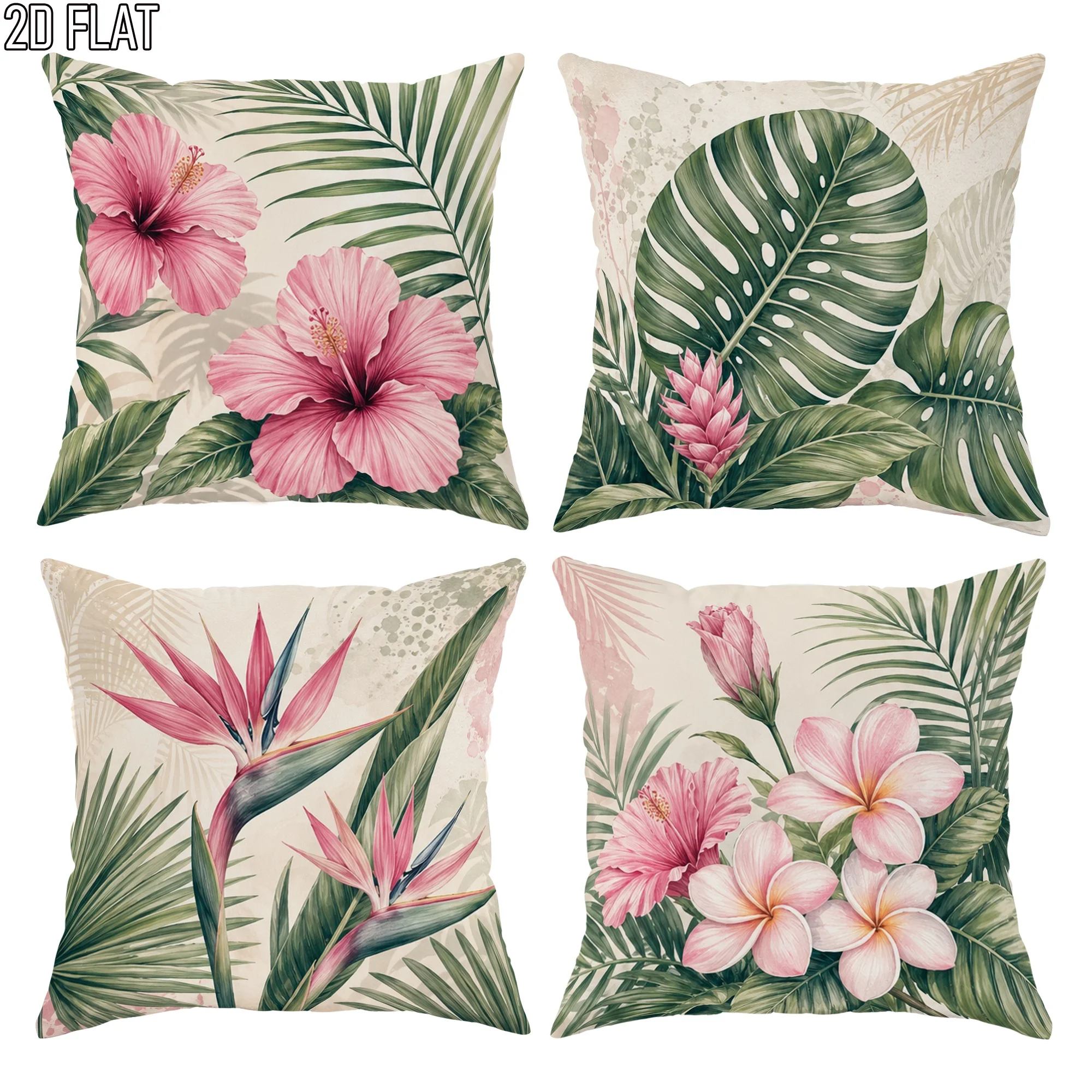 Set of 4 Tropical Floral Pillowcases Pink Botanical Leaf Print Throw Cushion Covers for Home Decor 45x45cm
