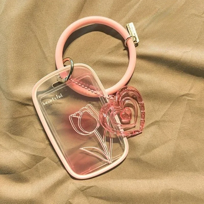 1PC Women Girl Cute Pink Rose Work ID Card Holder Wrist Rope Campus Bus Cards Case Student Id Card Holder Photo Protector Case