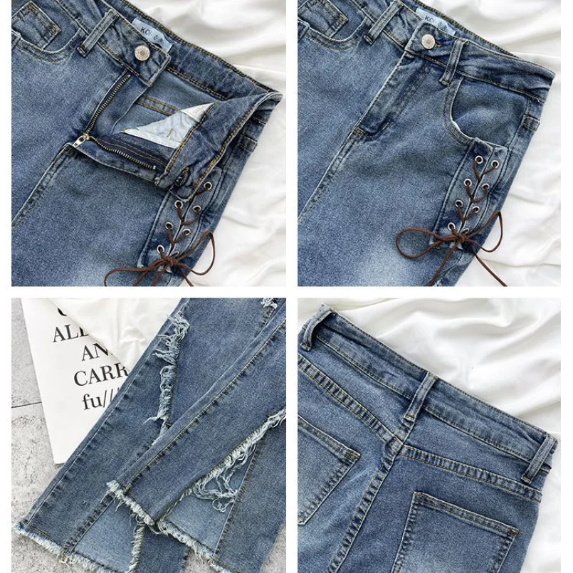 2023 New Vintage Split Fur Edge Fashion Jeans Women's Spring/Summer Slim Fit Elastic High Waist Slim Micro Flare Pants