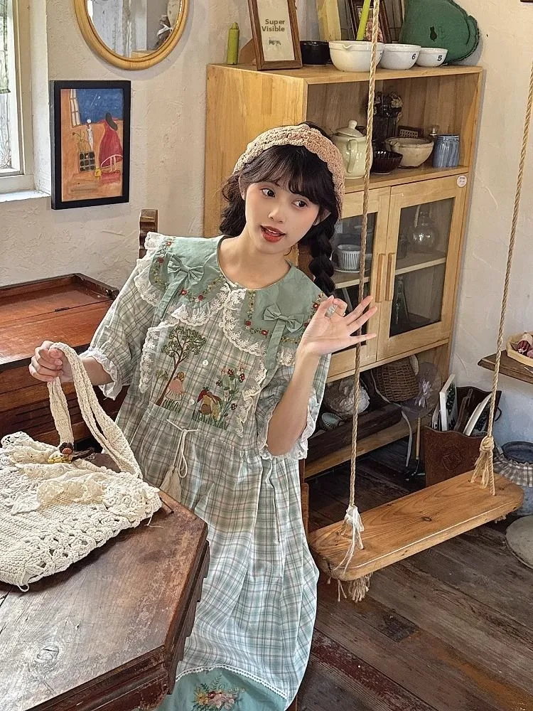 plus Size Retro 300 Pou Dr with  Knot ort Sve Women's Summer Waist Cinching Slimming Doll Collar Long Dr