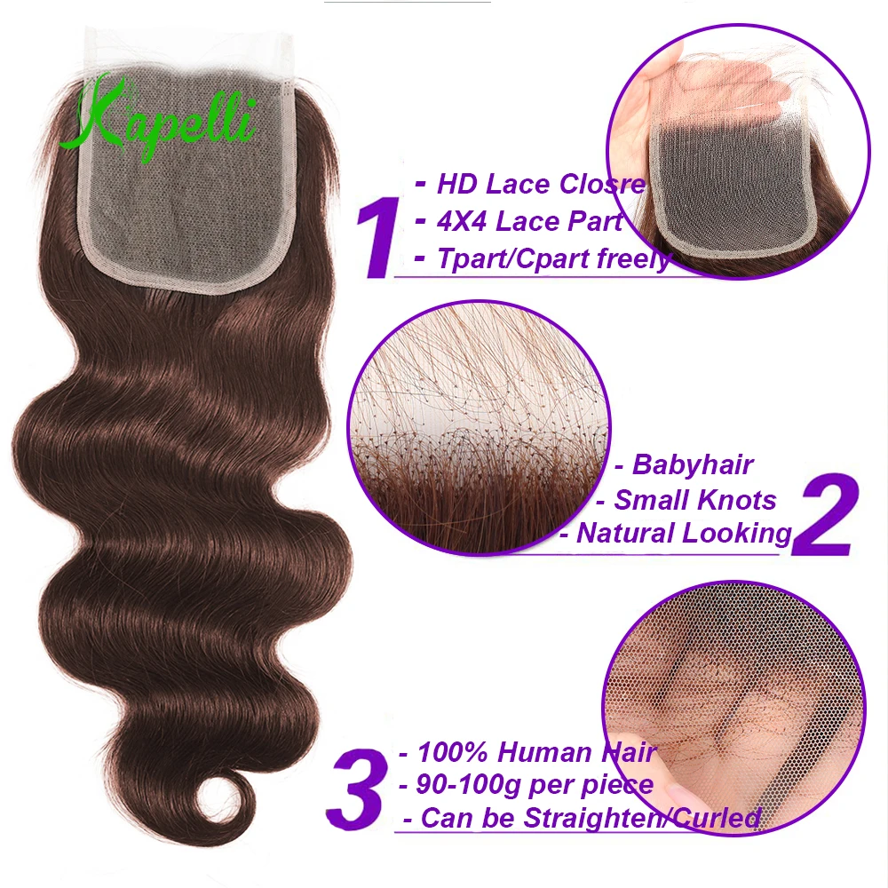 Paquetes de ondas corporales con cierre # 4 extensiones de cabello humano de color marrón, 1/3/4 Uds., 100% paquetes de tejido de cabello humano virgen sin procesar