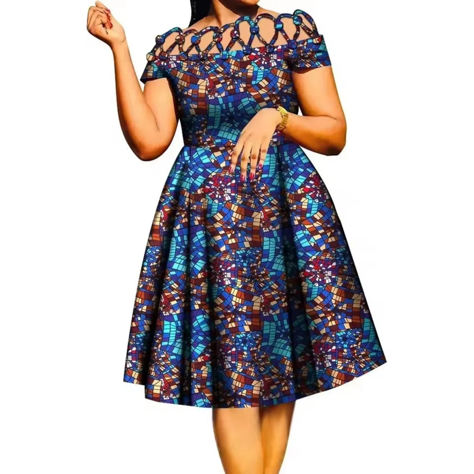 Elegant African Print Wax Dress for Women Knee-Length Cotton Rope Weaving Collar Clothing Lady's Fashionable Ethnic Wear