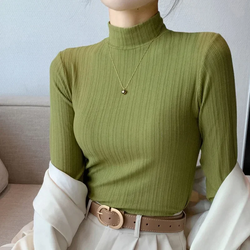 2024 New Women Basic Solid Knitted Tops Lady Fashion Slim Fit Long Sleeve Shirts Clothes Female Daily Soft Green Casual Tops