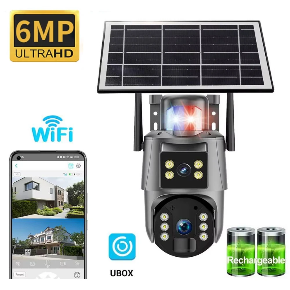 

6MP WiFi Ubox Dual Lens Solar Auto-Tracking Red Blue Light Siren Alarm CCTV Security Outdoor Battery Powered PTZ Network Camera
