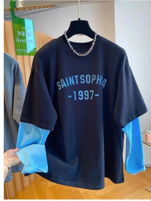 

Ретро-футболка с длинным рукавом в американском стиле с цветовыми блоками, женская, весенняя новинка, уникальный дизайн, имитация двухслойности, корейский стиль, свободный крой