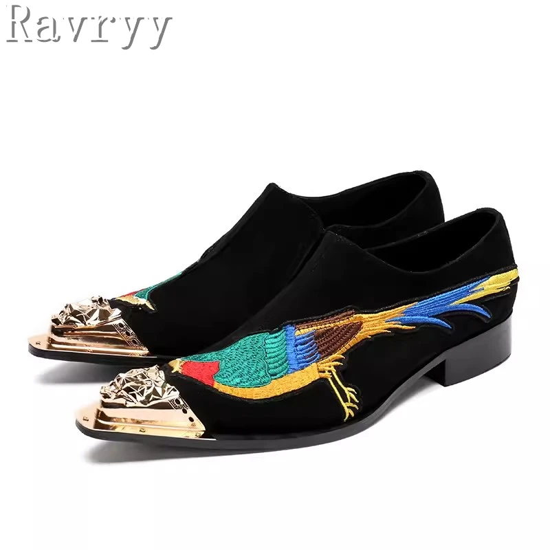 Brand Design Embroider Birds Suede Leather Shoes Men Slip On Soft Loafers Formal Wedding and Party Dress Shoes