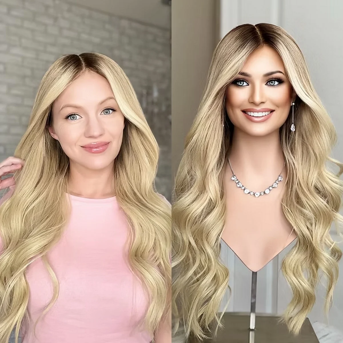 28 Inches Creamy Blonde Shadow Roots Synthetic Lace Frontal Wigs Long Length Loose Wave 180%High Density Daily Party Cosplay Wig