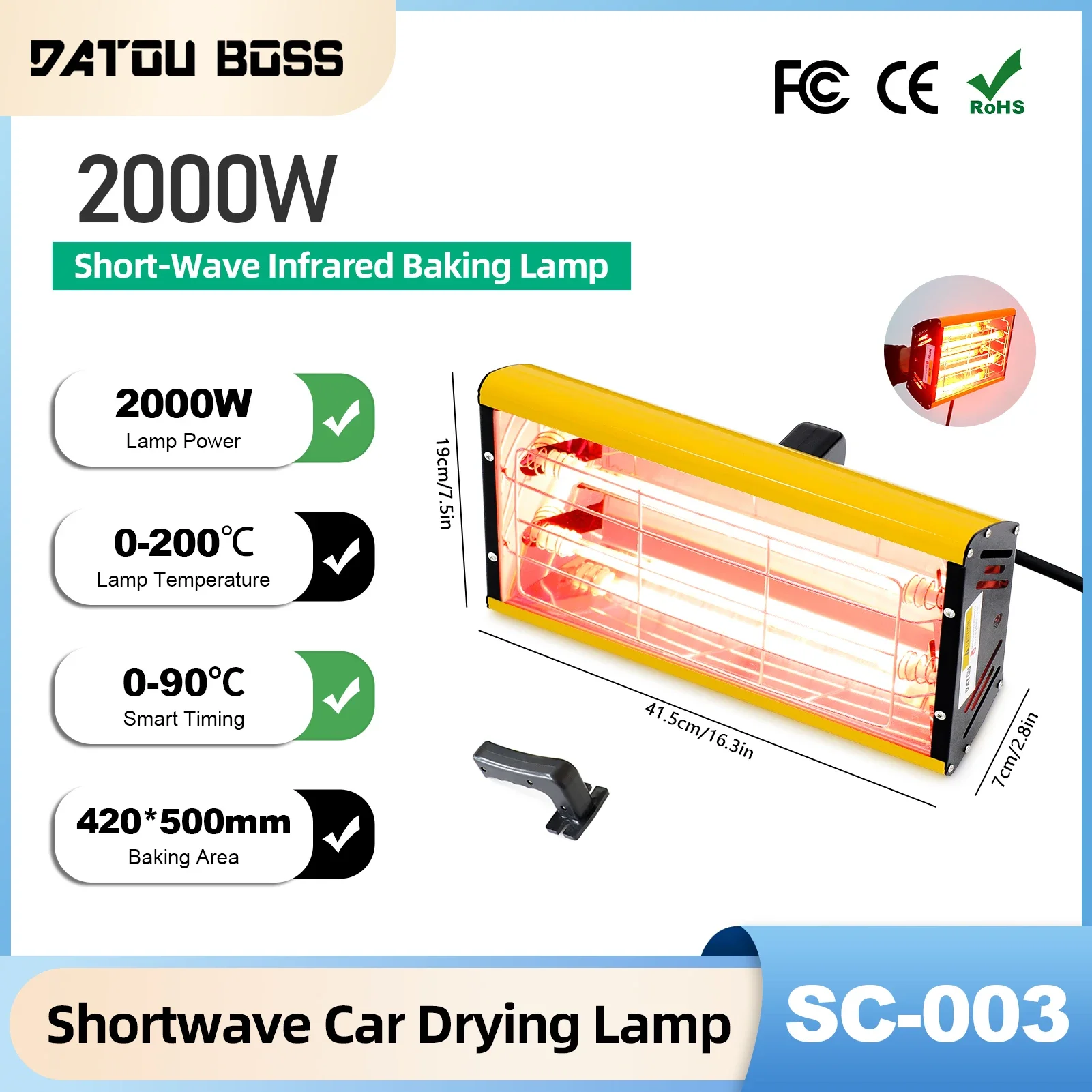 Lampe de séchage infrarouge portable DATOUBOSS 2000W SC-003 à ondes courtes pour peinture, séchoir de peinture, outil de réparation automobile pour un séchage rapide