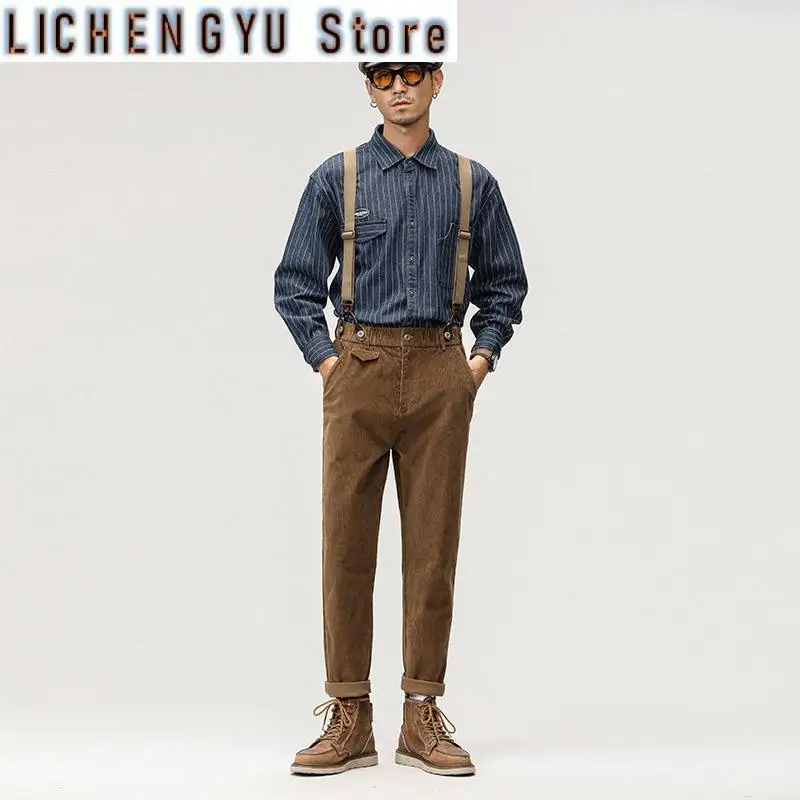 

Retro Men Cargo Pants Loose Casual Corduroy Straight Overalls Streetwear Autumn Korean Stylish Male Solid Color Straps Jumpsuits