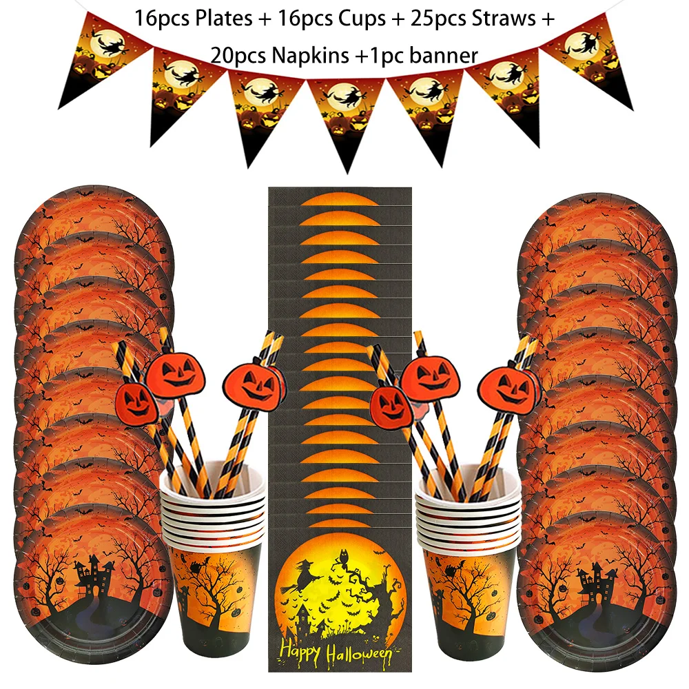 Halloween Pumpkin Disposable Tableware Bat Skeleton Castle Paper Plates Cups Napkins for Halloween Horror Party Decor Supplies
