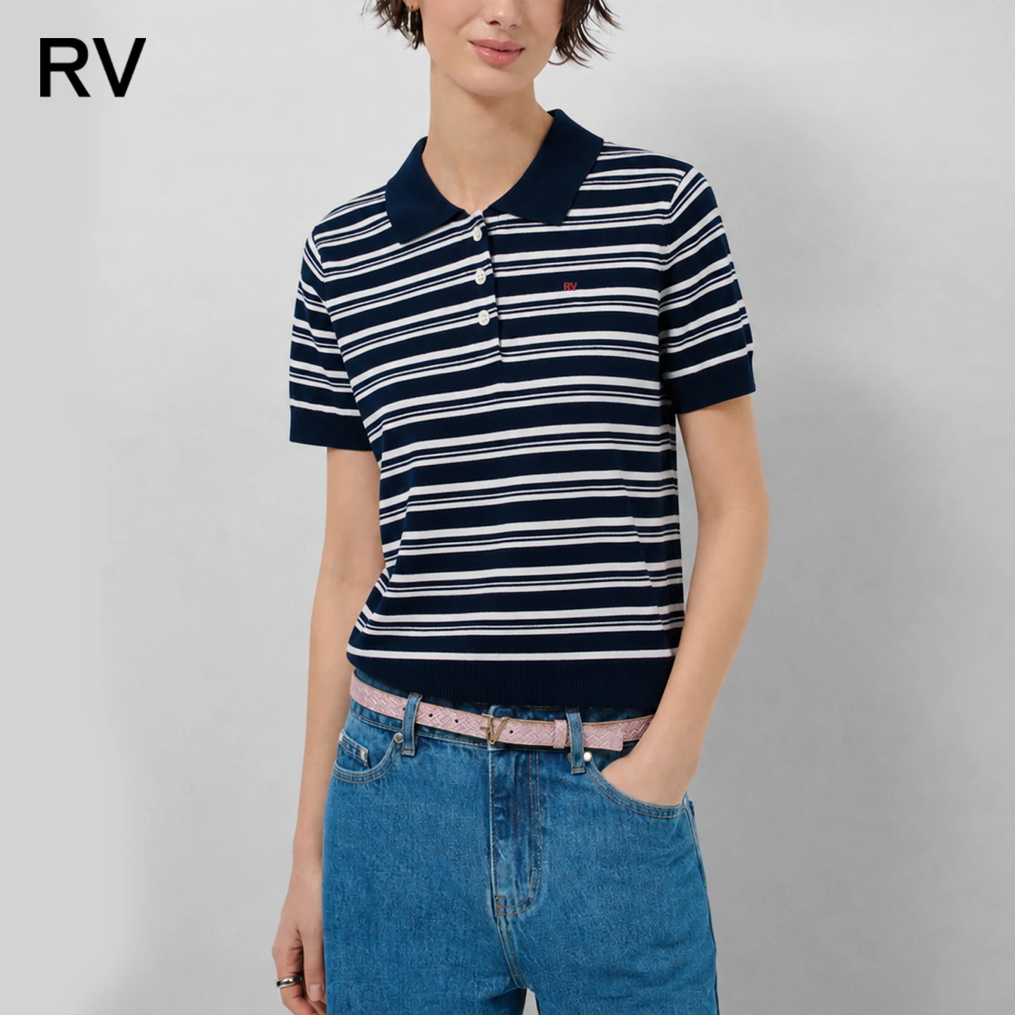 RV Women Striped Polo Shirt Short Sleeve Button Front Knit Top Casual Preppy Navy White Summer Everyday Pullover Tee
