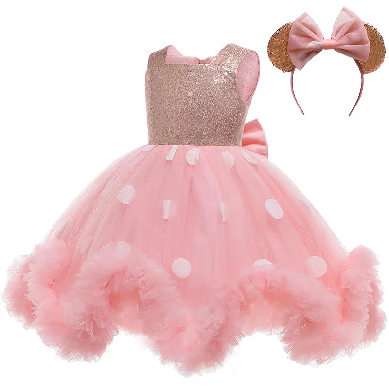 

COSda@ Dresses Kids Pink Polka Dot Princess With Bow Birthday Party Puffy Dress For Girls Elegant Girl DressesC