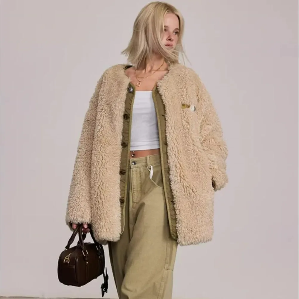 Winter O neck Shaggy Khaki Lamb Faux Curly Sheep Fur Coat CHIC Front Open Through Buttons Full Sleeve Loose Warm Outerwear