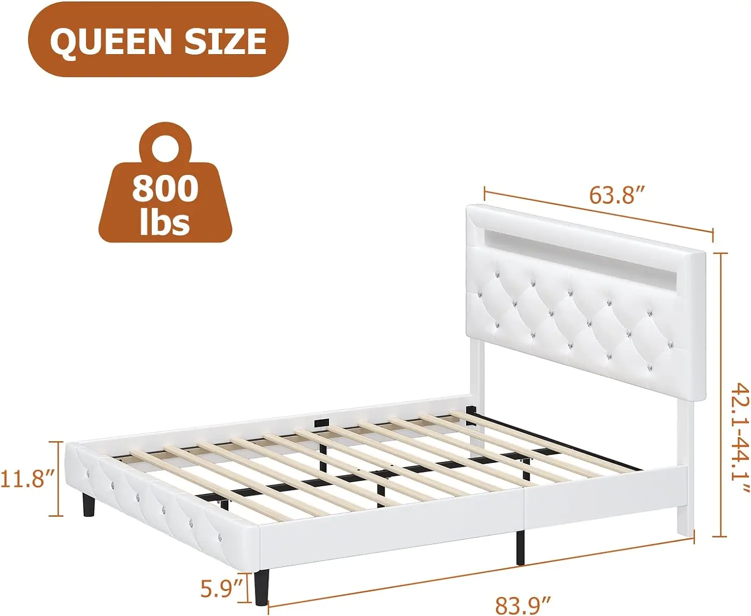 Keyluv Modern Gestoffeerd Queen Bed Frame Met Led-Verlichting, Faux Lederen Laag Profiel Platform Bed Frame, Verstelbaar Kristal