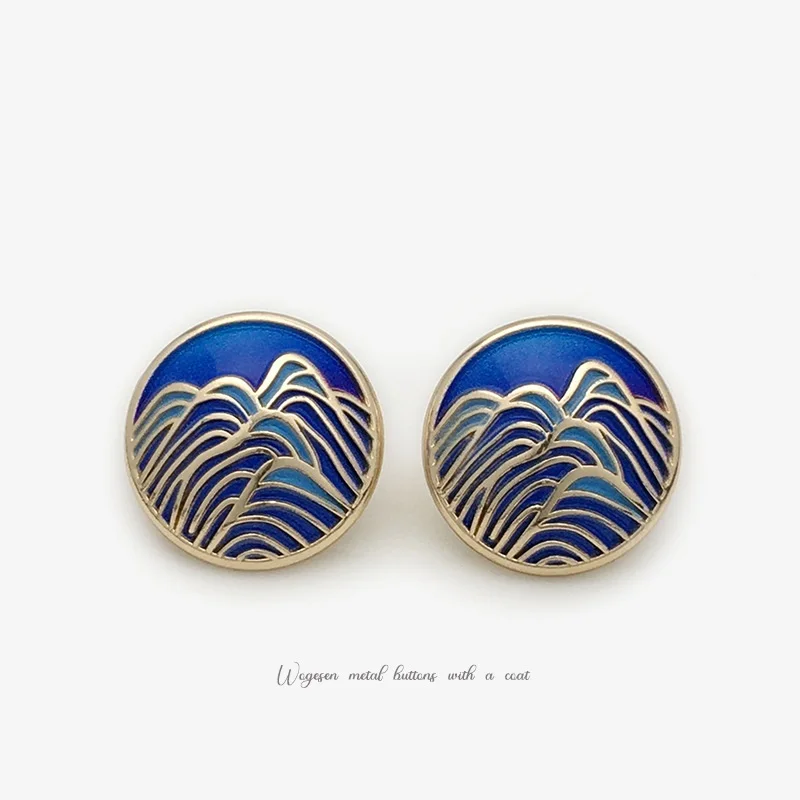 6PCS Blue Landscape Painting Metal Round Button, Suit Sweater, Overcoat, Coat Decorative Button, Hanfu Button Decoration