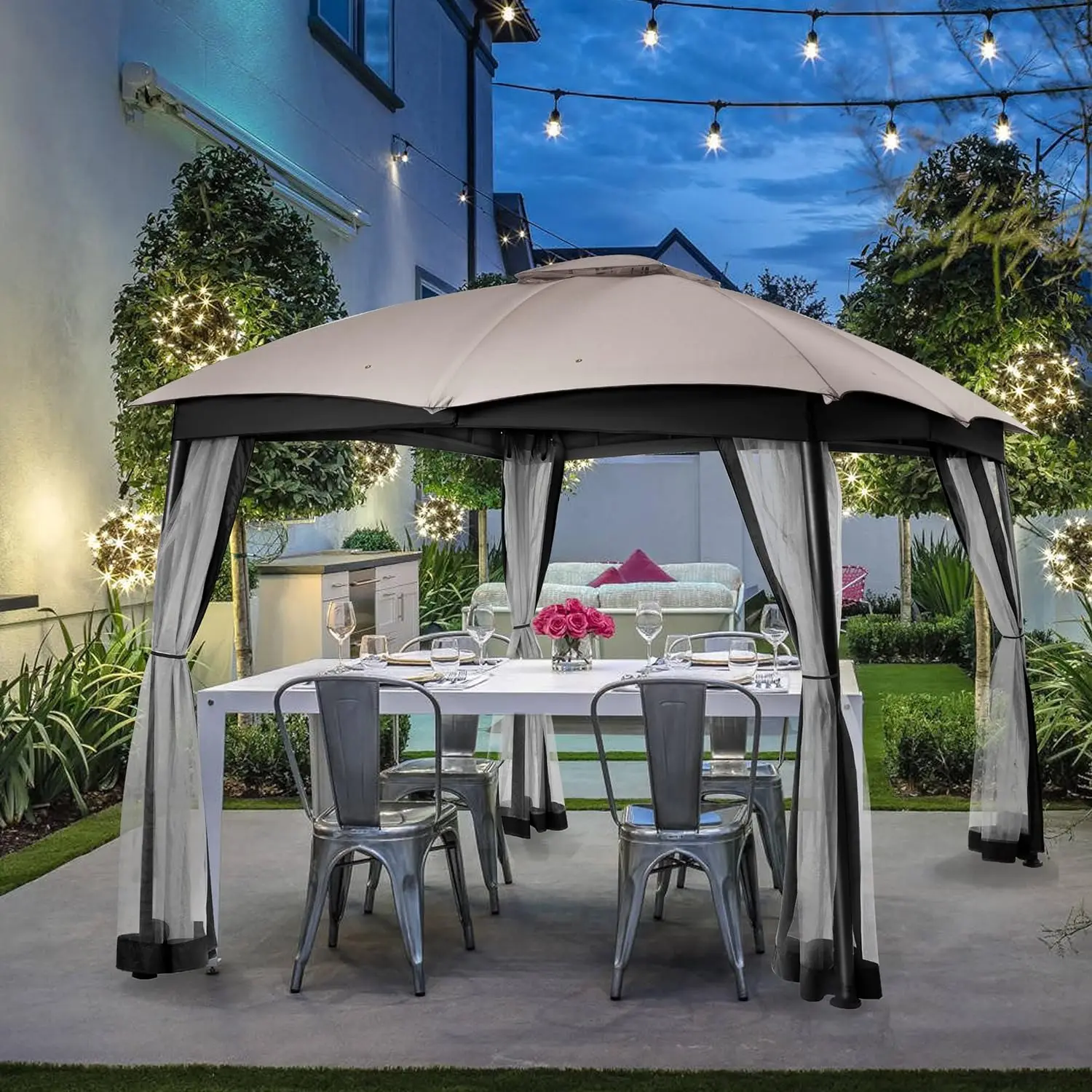 

10x12 FT Double Vent Canopy Gazebo with Netting Screen, Outdoor Heavy Duty Steel Patio Gazebo, Waterproof and Portable Gazebo