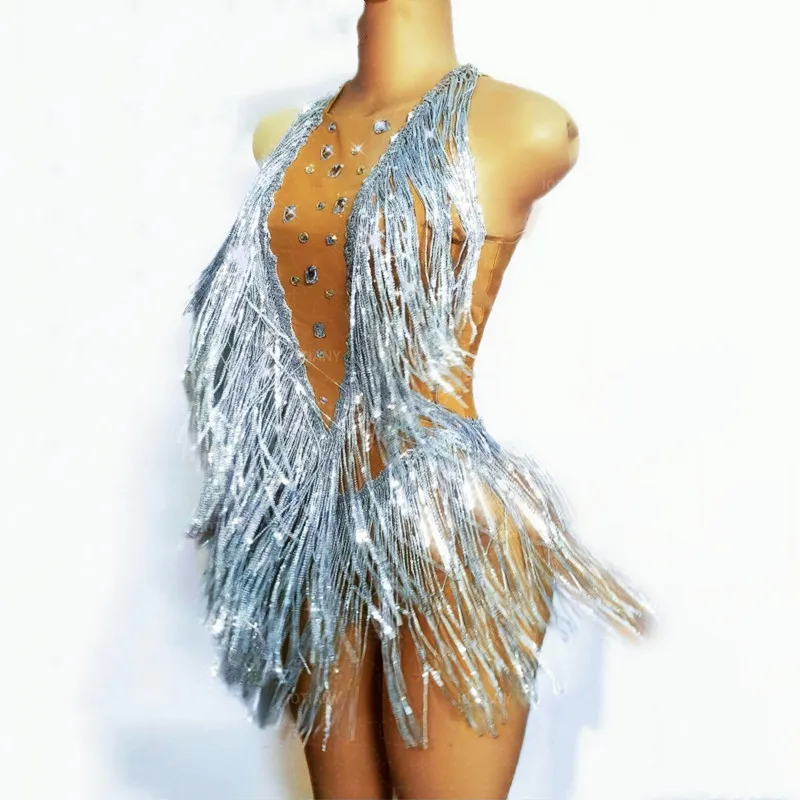 Sparkly Rhinestones Sequins Tassel Mesh Bodysuit for Women Nightclub DJ Pole Dancing Sexy Stage Wear Fringe Leotard Show Costume