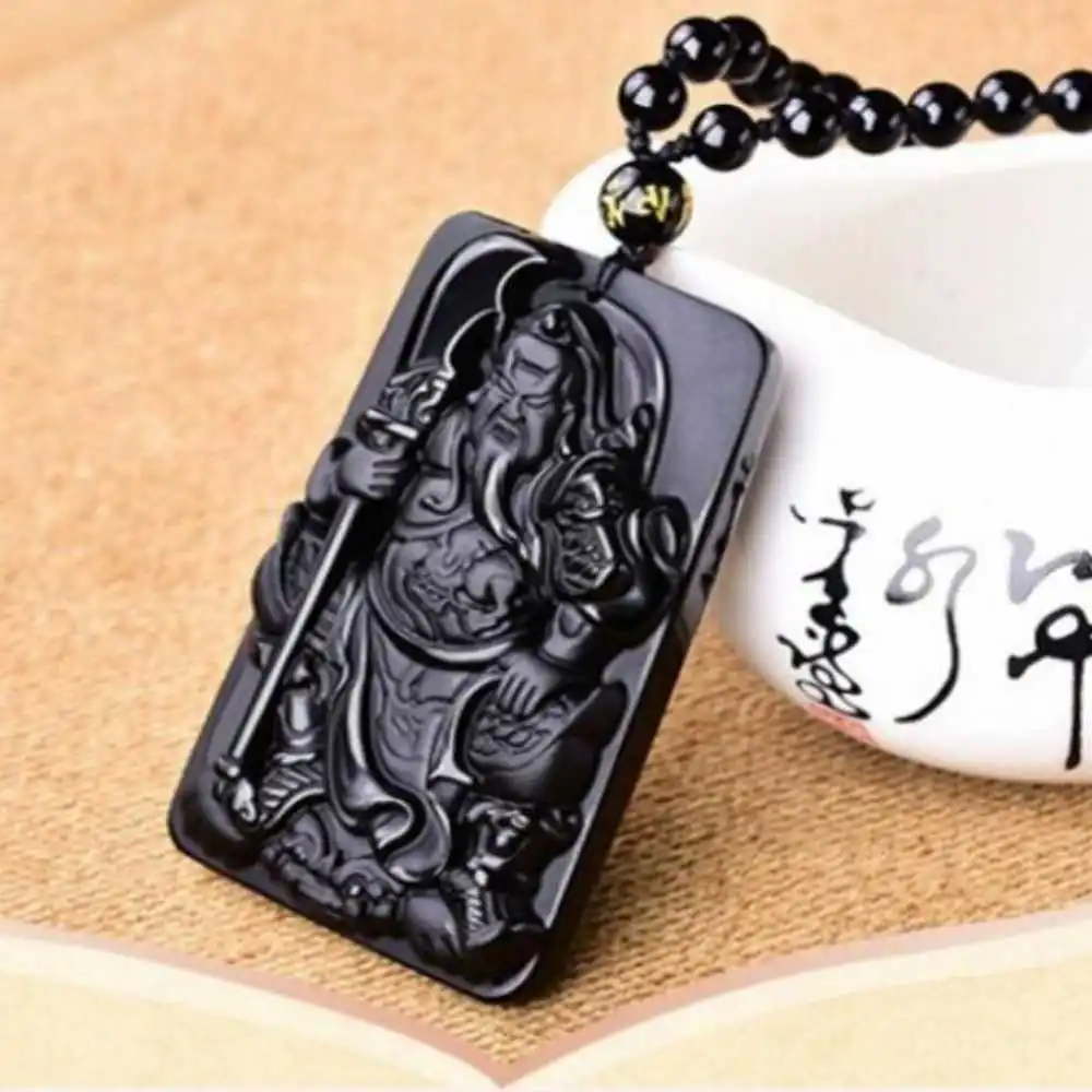 

Natural 100% Obsidian Carved Guan Yu Lucky Amulet Pendant Cross Natural Wedding Steel Clavicle Wholesale Choker Men Stainless