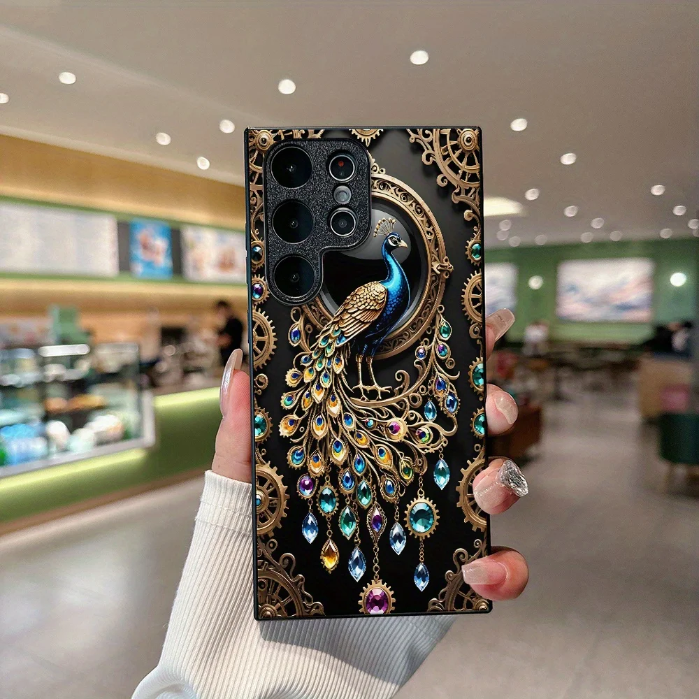 New black TPU glass phone case with peacock pattern, suitable for Samsung S26/S25, S24/S23/S22/S21/S20, etc. models.