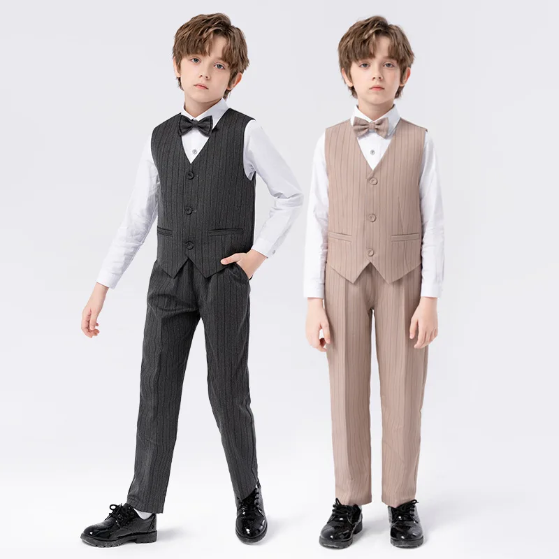 Back To School Boys Vest Shirt Pants Bowtie Photograph Suit Teenager Kids WaistCoat Tuxedo Dress Children Wedding Party Costume