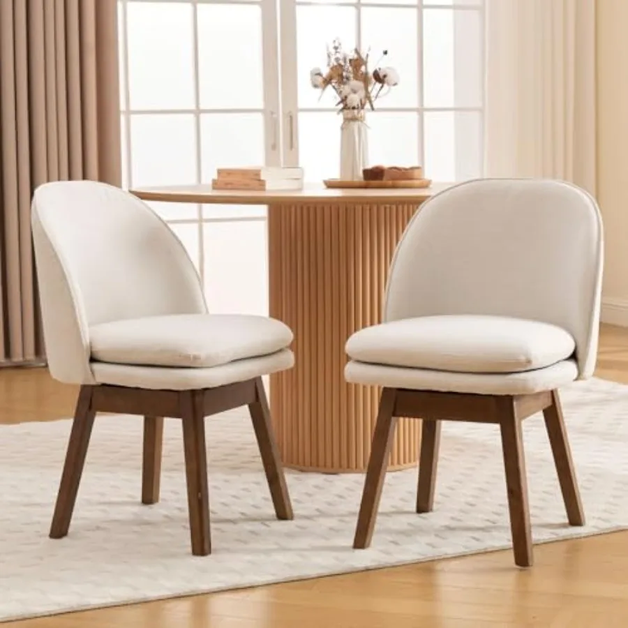 

Swivel Dining Chairs Set of 2 for Kitchen/Restaurant: Beige Linen Upholstery with Solid Wood Legs Mid-Century Modern Armless Ac