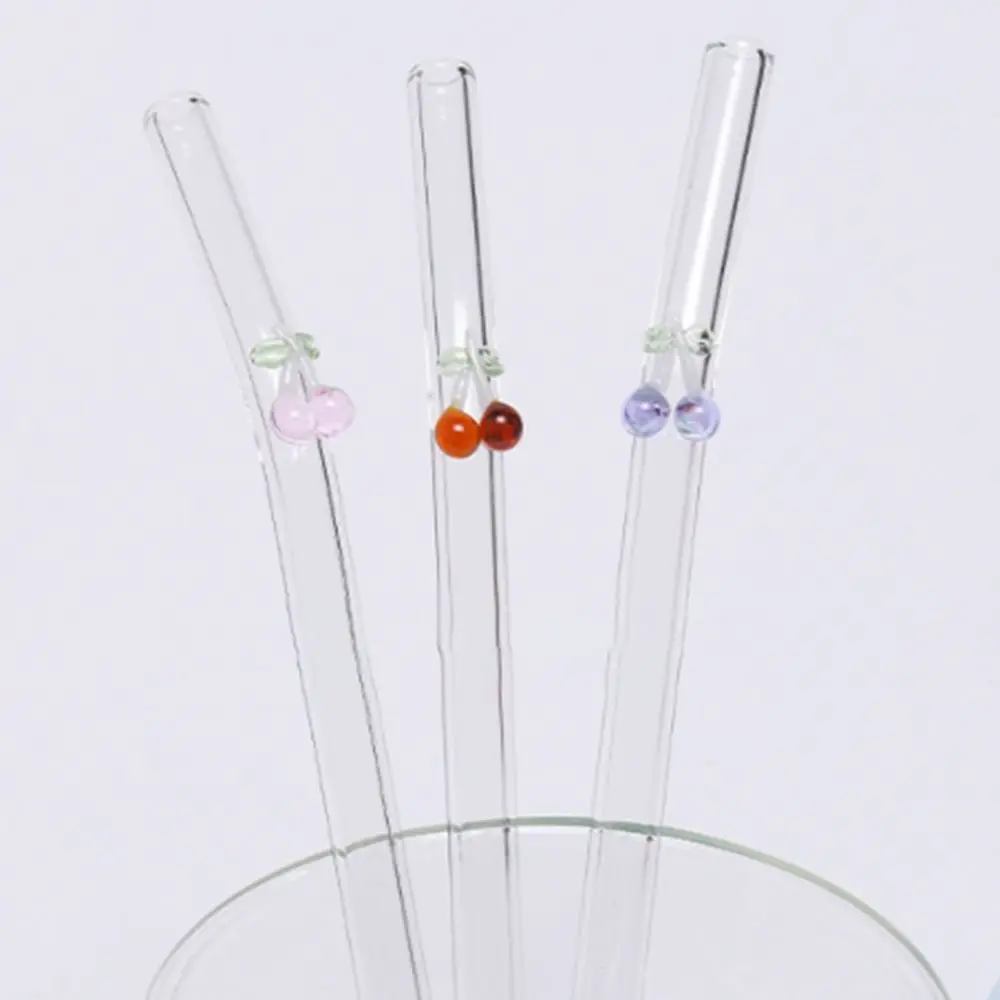 Glass Colored Cherry Glass Straws Portable Reusable Transparent Drinking Straws Juice Drink Blender Stick Drinkware