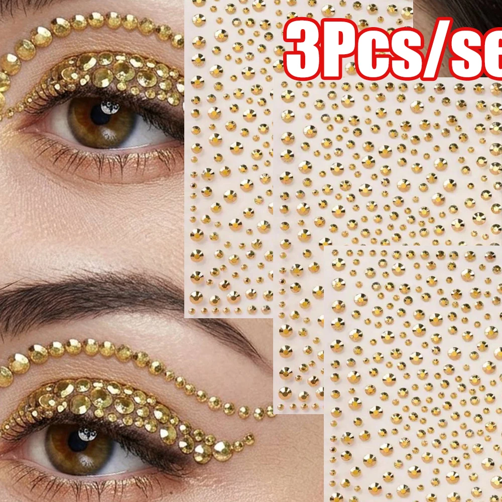 1/3Pcs Luxury Champagne Gold Rhinestone Face Stickers Mixed-size Round Champagne Gold Diamond DIY Crystal Face Slider3/4/5/6mm