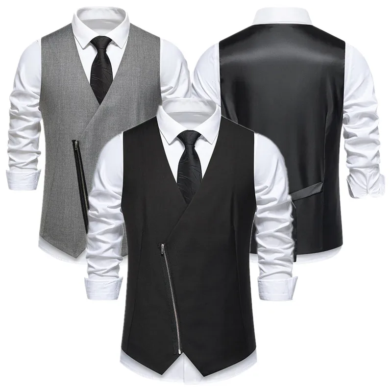 2026 New Men's Gray loose Suit Vest with Asymmetric Zipper, Formal Waistcoat for Wedding and Party Occasions