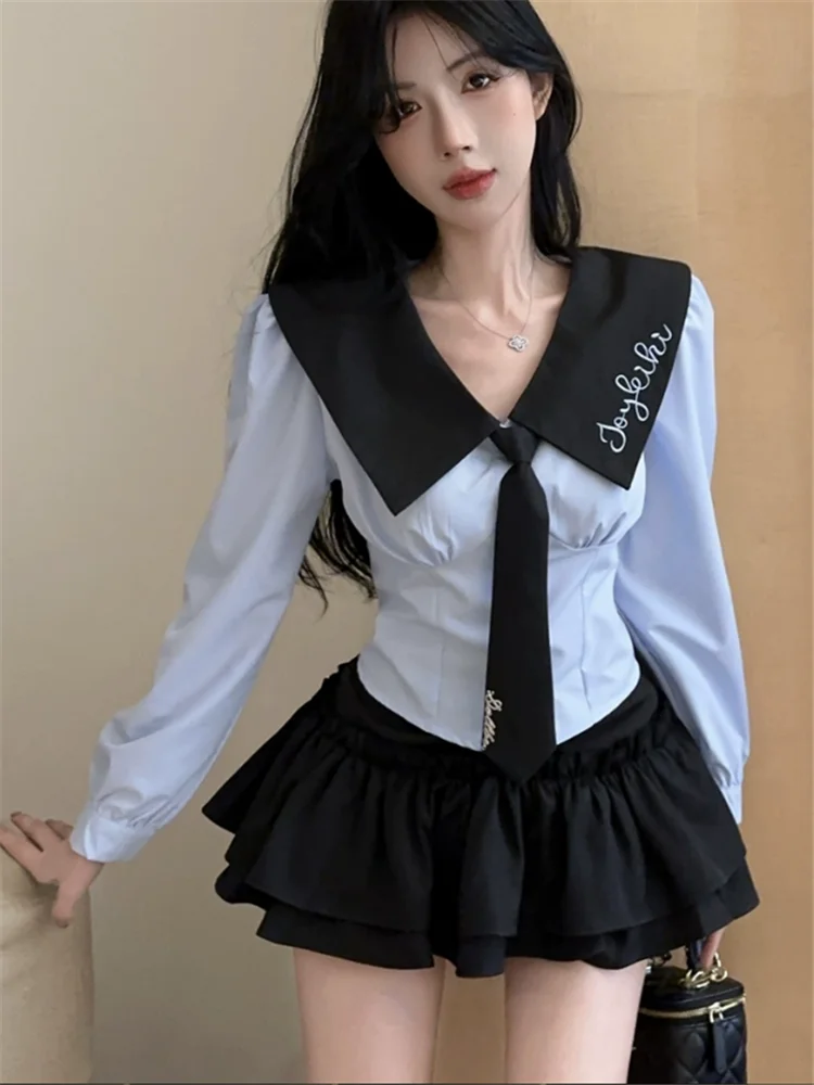 Fashion Women 2 Pieces Sets Small Girl JK Long Sleeve Doll Collar Slim Blue Shirt Top+Black Mini Puffy Shorts Skirt 2pc Suits