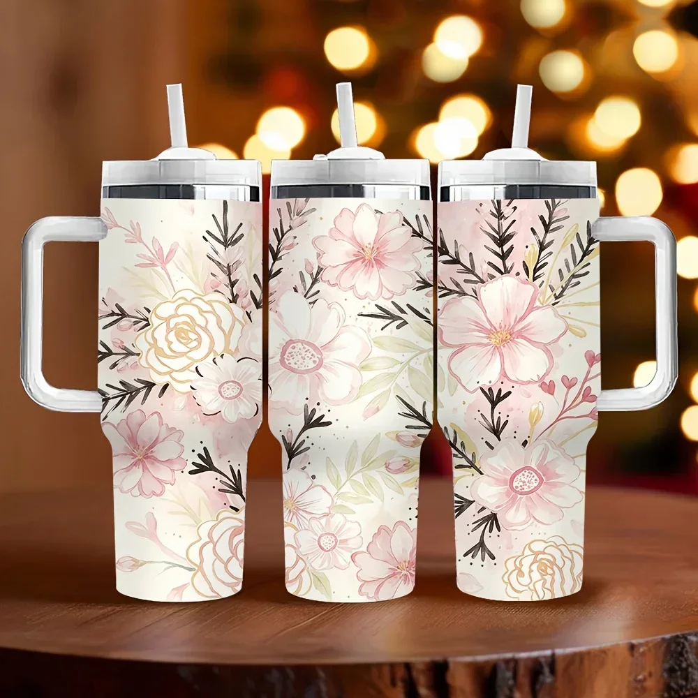 40oz Insulated Tumbler with Straw And Handle, Elegant Pink Floral Print, Perfect Festival Birthday Gift for Women And, Suitable for All Kinds Of Daily And Outdoor Activities, Offers Long Lasting Thermal Insulation