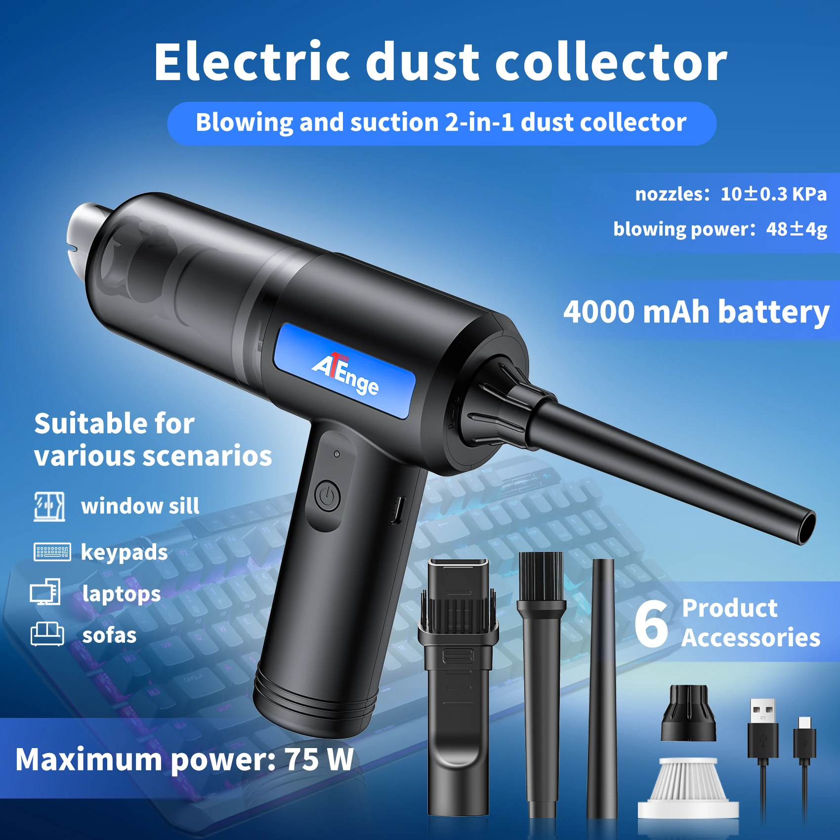 

2 In 1 Compressed Air Duster For PC Computer Keyboard Cleaning Cordless Electric Dust Collector for Screen Cleaner Air Blower