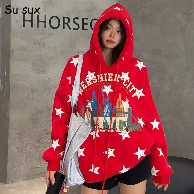 

Winter Fleece Thicken Pentagram Pattern Oversized Hooded Sweatershirts Woman New Year Tops Japanese Korean Fashion Outwears