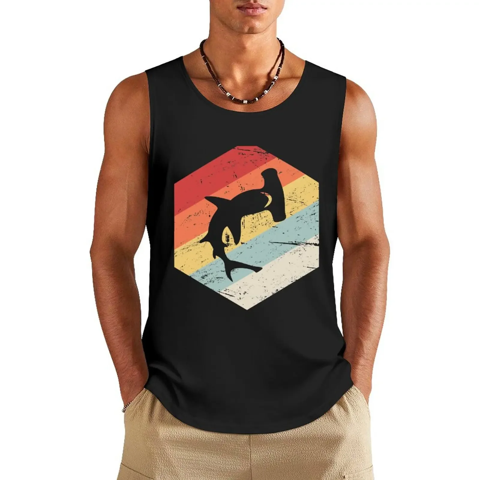 Retro 70s Hammerhead Shark Icon Tank Top Working vest gym clothes men t-shirts for Men's gym Tank Top