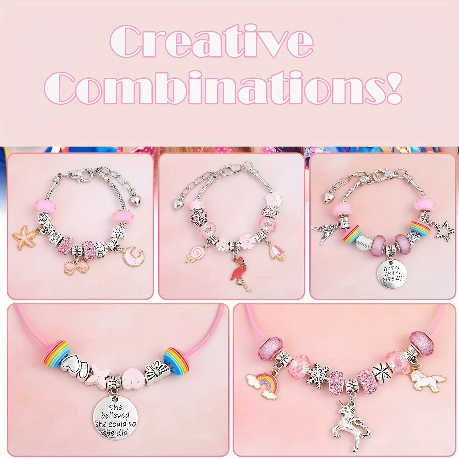 63PCS DIY Charm Bracelet Necklace Making Kit with Unicorn Jewelry Box, Jewelry Kit with Unicorn Mermaid Gifts for Birthday
