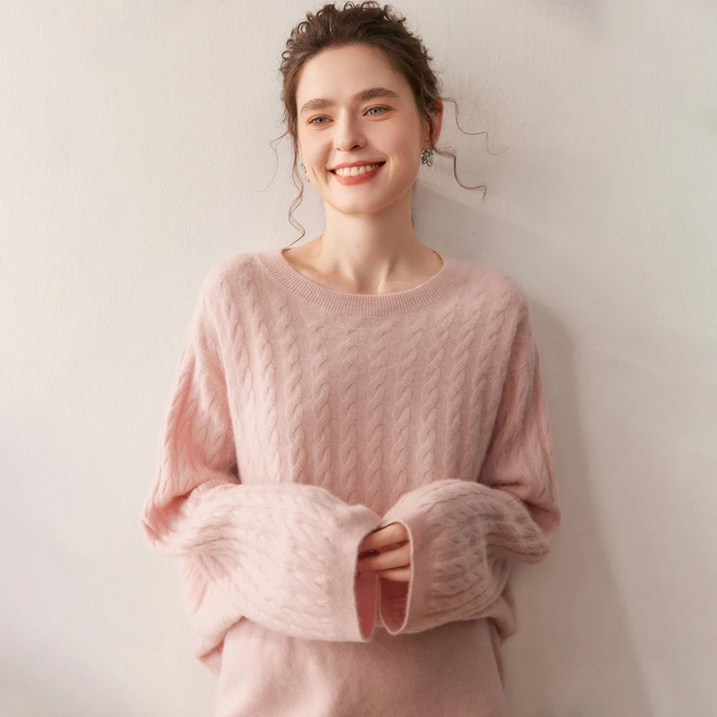 

Autumn/Winter Women's 100% Cashmere Pullover Casual Solid Knitted Sweater Loose Round Neck Twisted Flower Tops Thick Warm Jumper