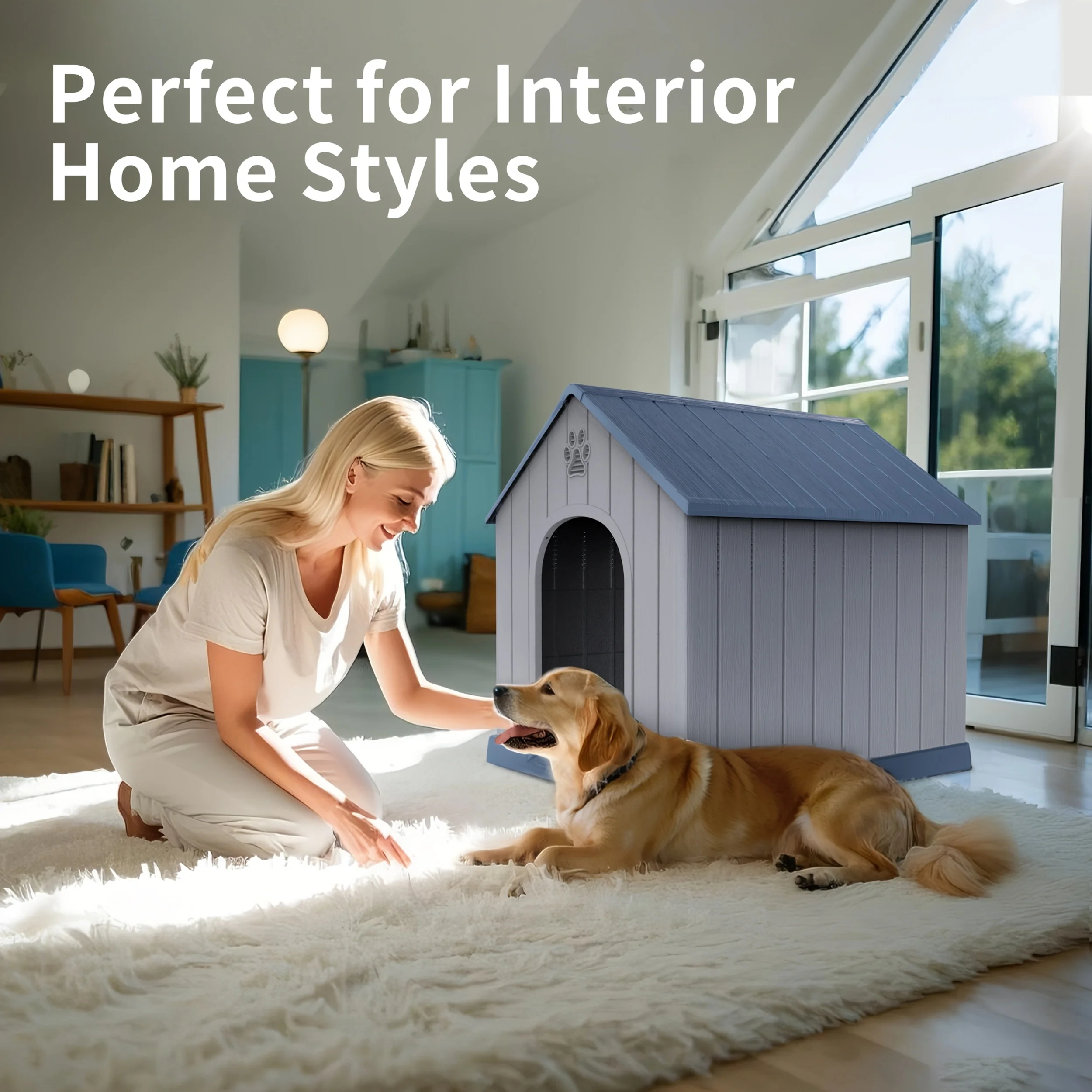 

Dog House Outdoor Peaked Roof Dog House for Small to Large Sized Dogs, Resin Dog House with Raised Floor And Vent, Rain Proof Roof, Large Winter House, Give Your Pet A Warm Home. Perfect Holiday Gift for Halloween, Christmas, Thanksgiving