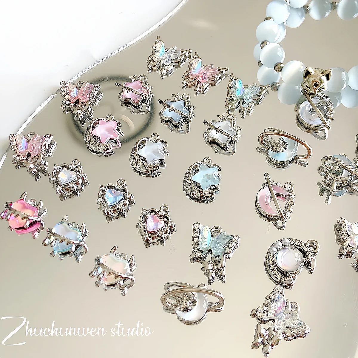 Pendentif papillon en alliage, 3 pièces, bijoux faits à la main, Bracelet, collier, décoration d'ongles, cœur, étoile, lune, accessoire, breloques en matériel