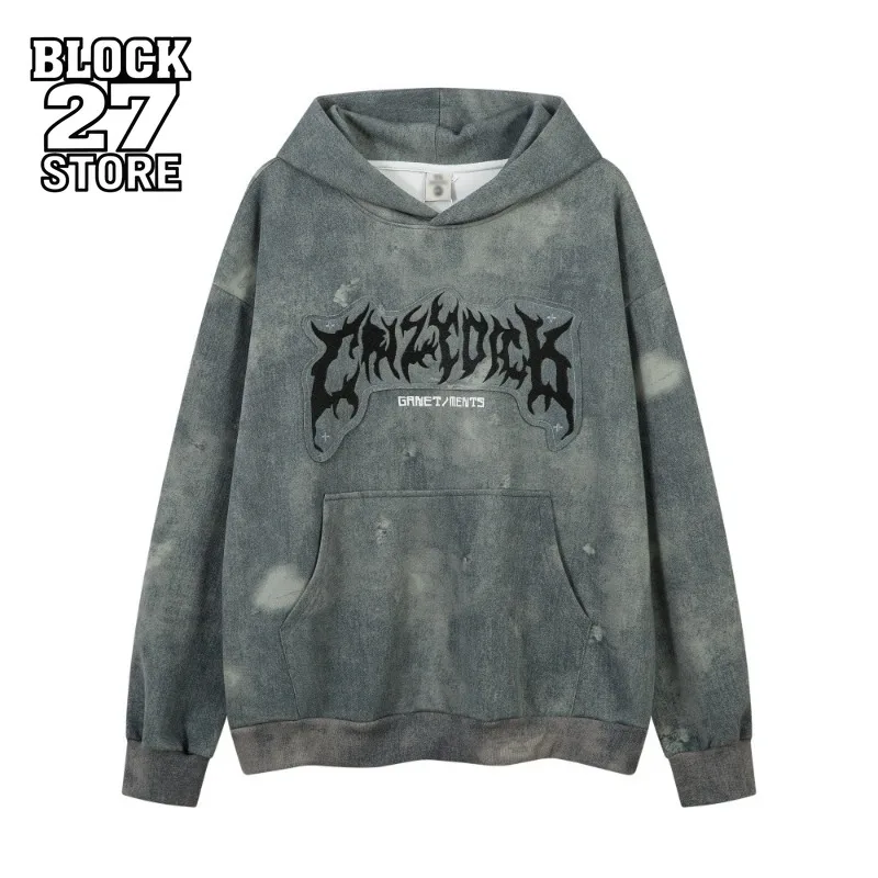 Harajuku الرجال القوطية رسالة مطرزة هوديي الشارع الشهير فضفاضة تناسب البلوز البلوز عادية الخريف الشتاء ريترو موضة جديدة