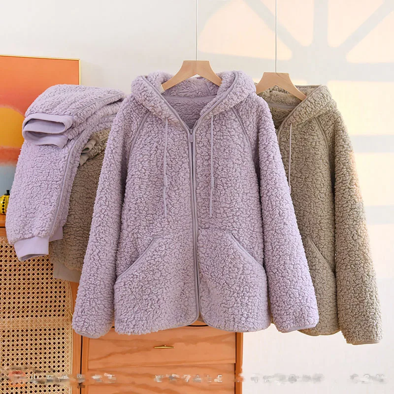 Korean New Women Warm Coral Fleece Pajamas Set Autumn Winter Sleepwear 2 Pieces Home Suit Casual Hooded Pajamas Night Wear