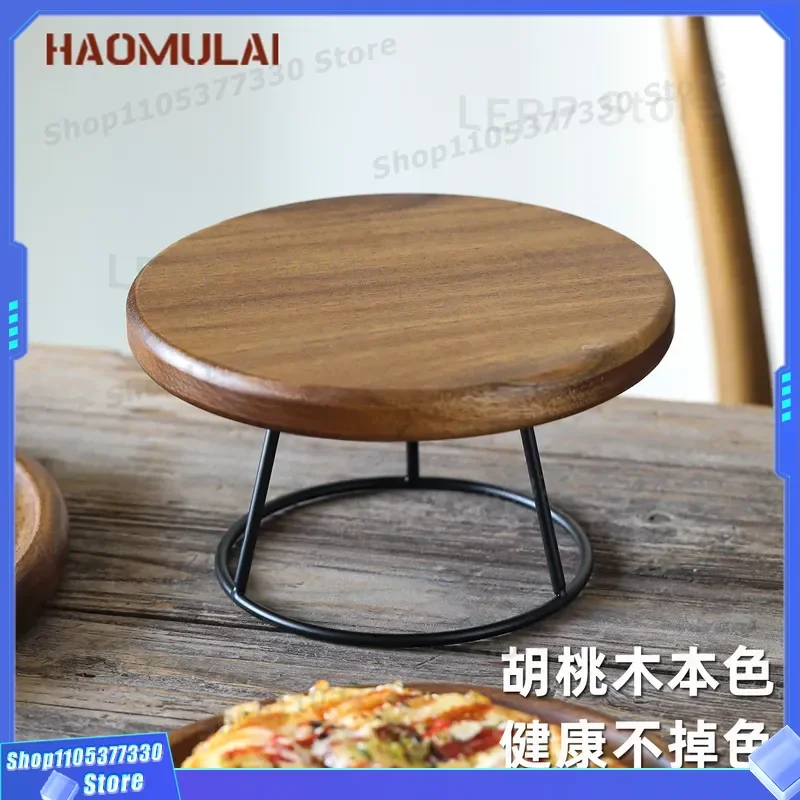 Wooden Pizza Serving Board with Stand Commercial Cake Display Tray Walnut Dessert Platter for Brunch Baking Presentation Rack