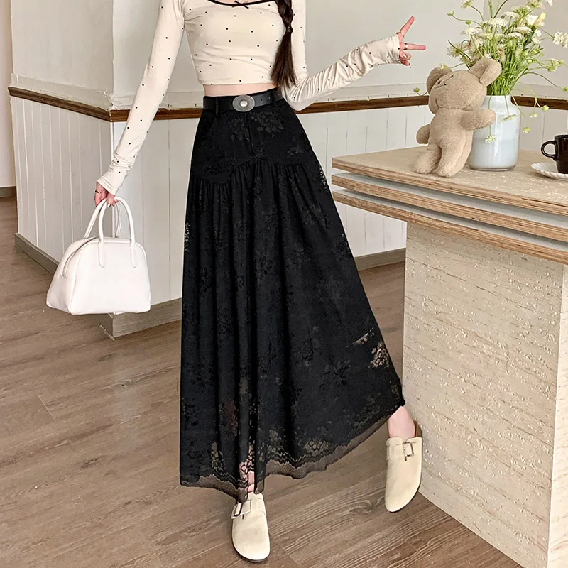 White Lace Maxi Long Skirts for Women 2024 Summer Belted High Waist Korean Elegant Hollow Out Skirt Female Sweet Faldas Mujer