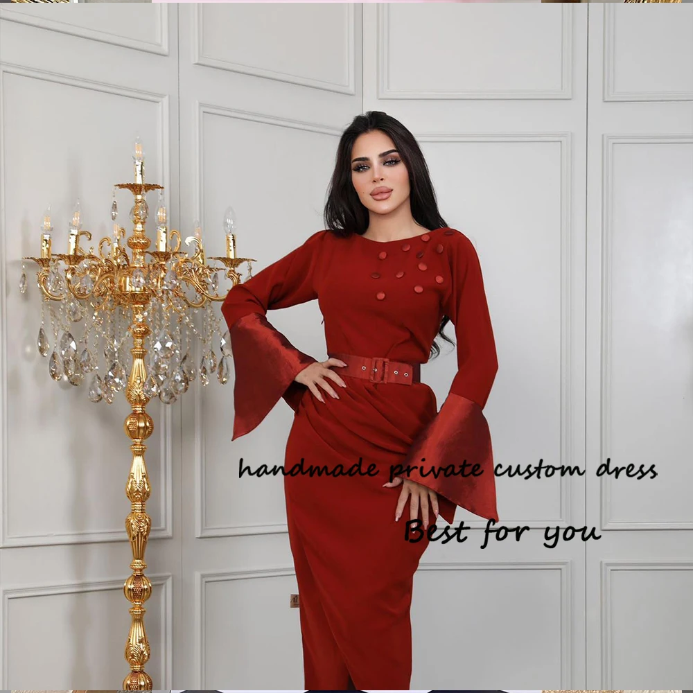 

Burgundy Mermaid Evening Dresses Long Sleeve O Neck Prom Dress Beaded Satin Arabic Dubai Formal Occasion Gowns