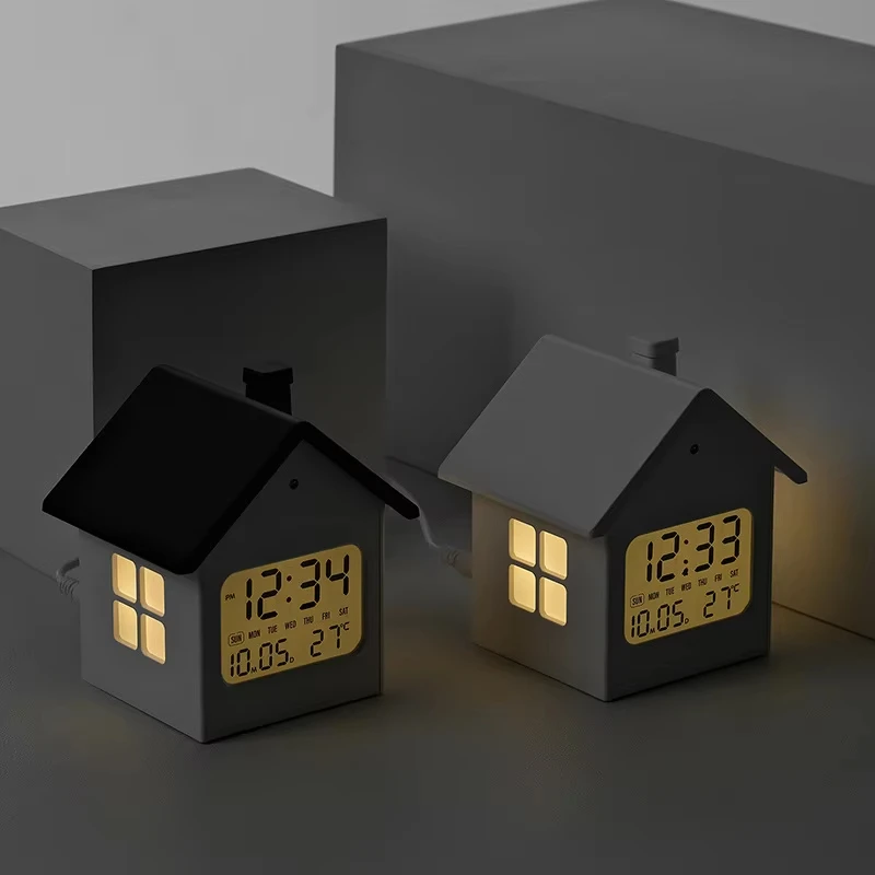 LED House-Shaped Digital Alarm Clock Versatile Light Sensitive Automatic Sensing Clock Creative Home Decor With Time Temperature