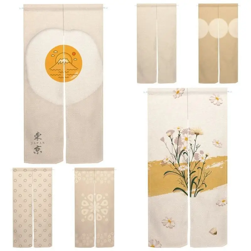 VIKAMA Beige Japanese Minimalist Noren Door Curtain Wave Floral Mountain Pattern Partition Curtain Home Cafe Entrance Decor