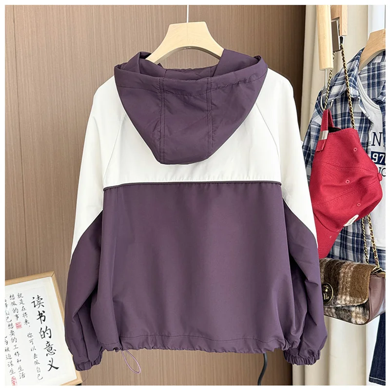 

Contrasting Color Hooded Coat Female 2025 Spring Autumn New Korean Jacket Loose Joker Outerwear Short Casual Overcoat Women Tops