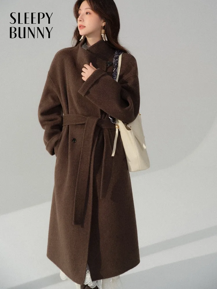 

Элегантное шерстяное длинное пальто для женщин, двустороннее пальто, зимняя теплая куртка с лацканами, верхняя одежда с карманами для офиса и повседневной одежды