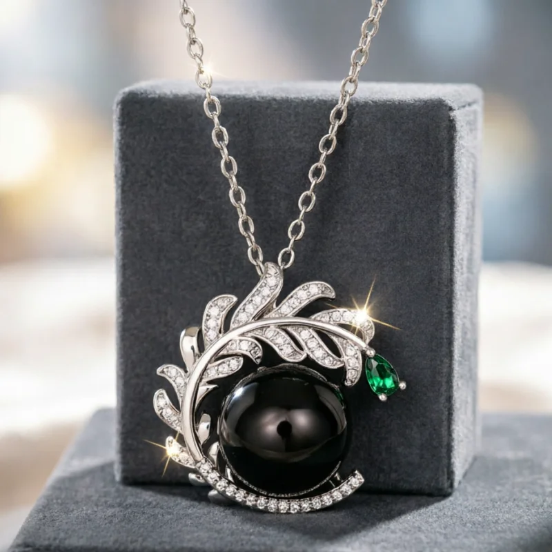 CAOSHI Elegant Leaf Shaped Pendant Necklace with Round Black Imitation Pearl Fashion Delicate Wedding Party Jewelry for Women