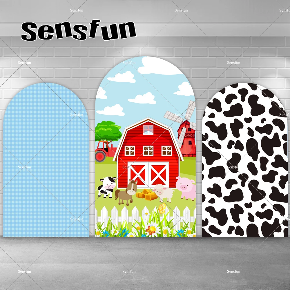 男の子農家誕生日パーティーアーチバラの背景カバー弓プリント赤い家漫画動物アーチ壁背景青の写真スタジオ