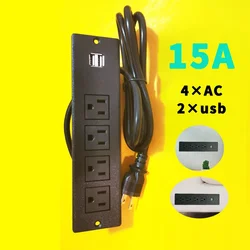 15A US Hidden Table Socket 2 USB 4 Outlet Surface Mountable Recessed Furniture Sofa Charger Power Strip Embedded UL Desk Socket