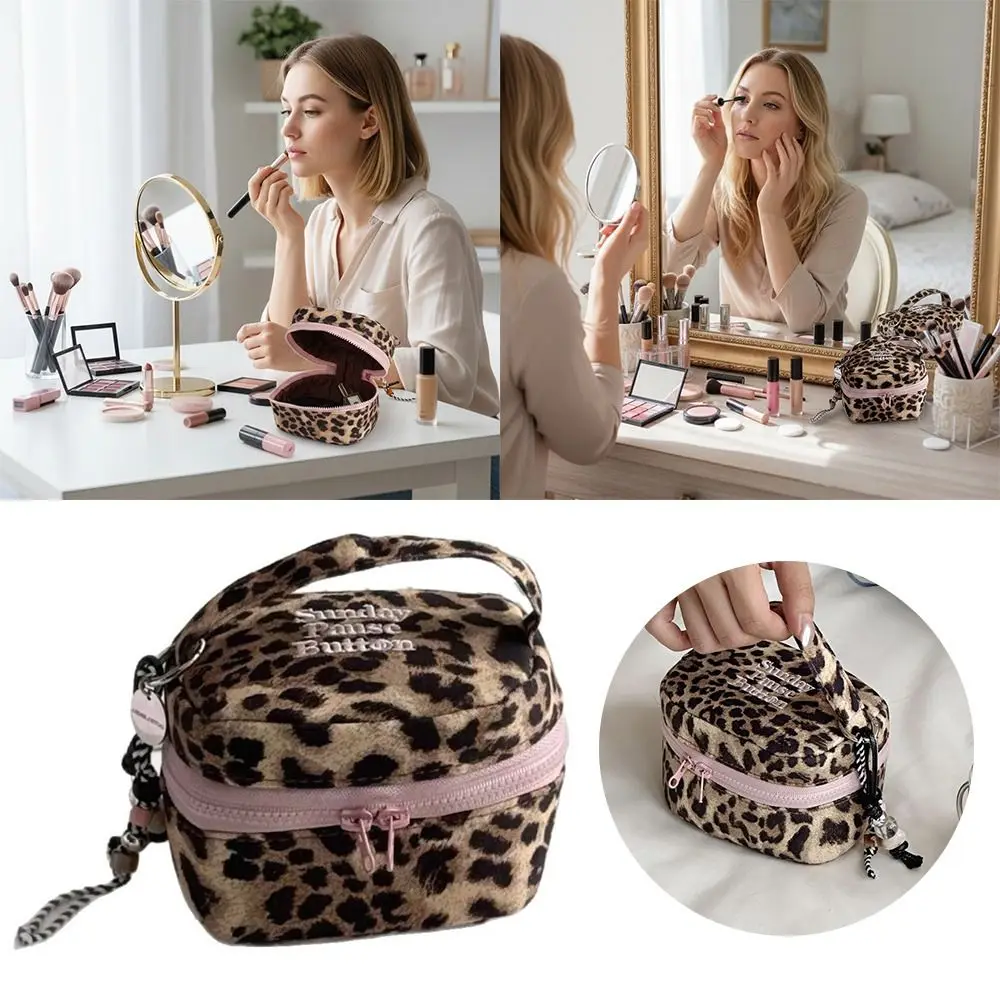 Multi-functional Leopard Print Square Storage Box Handheld Zipper Design Small Cosmetic Pouch Handbag Women Girls